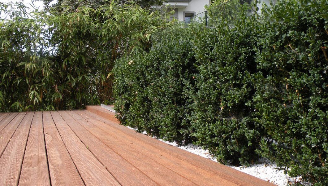 Terrasse en bois avec plantes vertes.